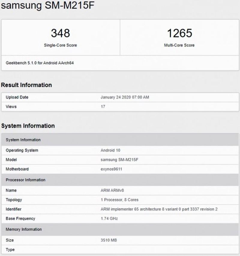 تائید مشخصات گلکسی M21 در آزمایش Geekbench