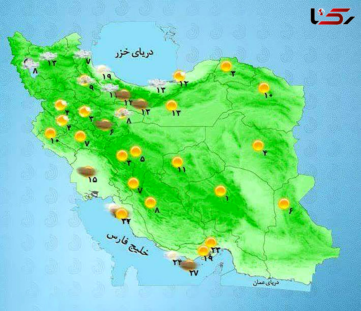 وضعیت آب و هوا در پنجم آبان/ بارش پراکنده باران در سواحل دریای خزر