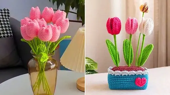 مدل‌ های خاص دسته گل‌ های فانتزی بافتنی برای دکوراسیون مدرن