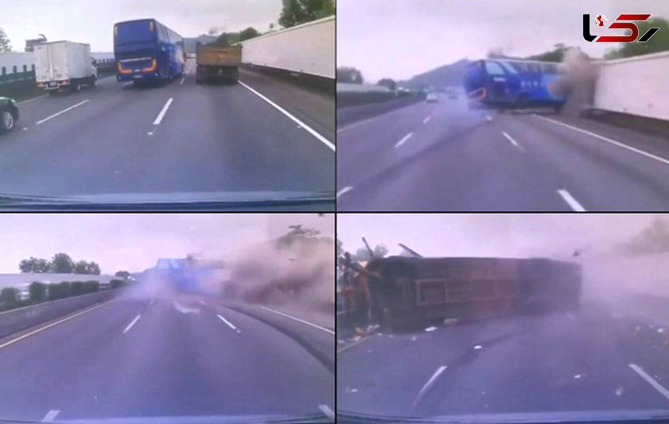 تصادف شدید اتوبوس مسافربری با سرعت 140 کیلومتر + فیلم وعکس