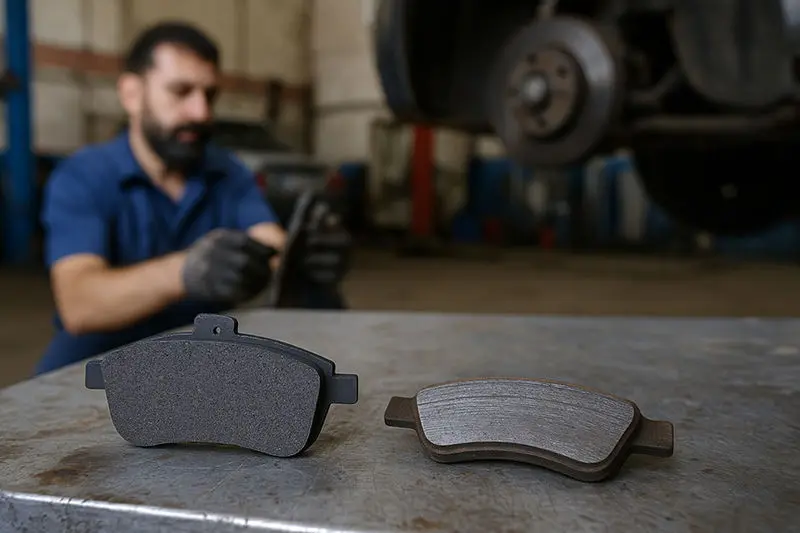 لنت ترمز نو و لنت خورده‌شده در کنار هم روی میز تعمیرگاه برای نمایش تفاوت میزان فرسودگی لنت.