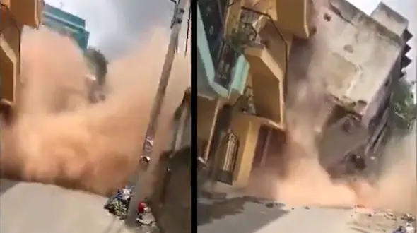 فیلم هولناک از لحظه ریزش مرگبار ساختمان ها / همه فرار کردند 