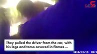 لحظه نجات جان راننده خودرو از جزغاله شدن در آتش +فیلم