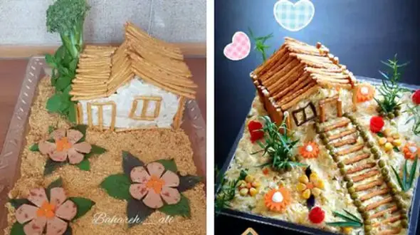 چطور سالاد الویه را به شکل کلبه طراحی کنیم؟ آموزش مرحله به مرحله