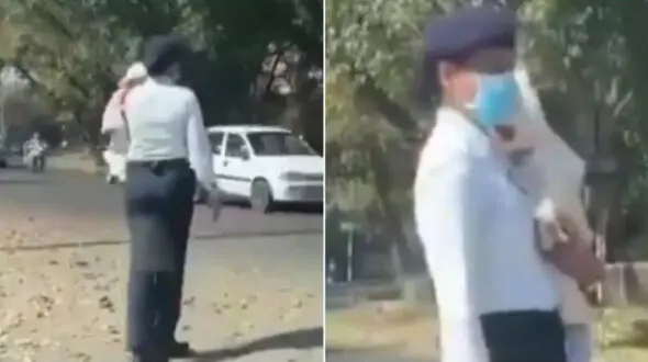 انجام وظیفه پلیس رانندگی با نوزاد در آغوش!