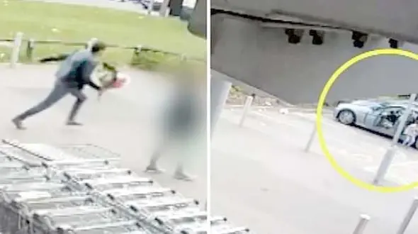 نجات کودک از دست تبهکار با شجاعت پدر / این حادثه در پارکینگ یک فروشگاه بزرگ رخ داد + فیلم