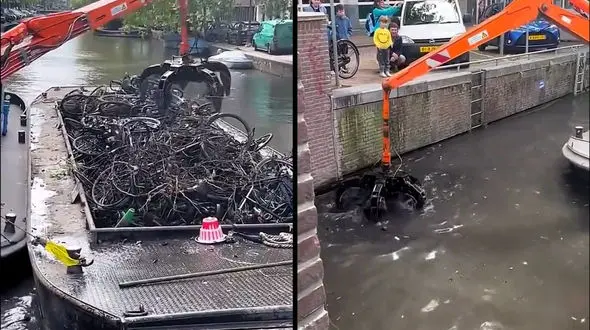 ببینید / جمع آوری دوچرخه های قدیمی از رودخانه آمستردام هلند + فیلم