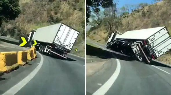 لحظه چپ کردن تریلی کانتینربر هنگام سبقت در جاده + فیلم