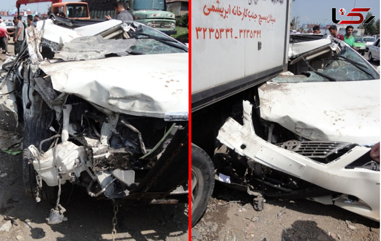 تصادف مرگبار تویوتا کمری با 2 کامیون جاده لاهیجان+عکس