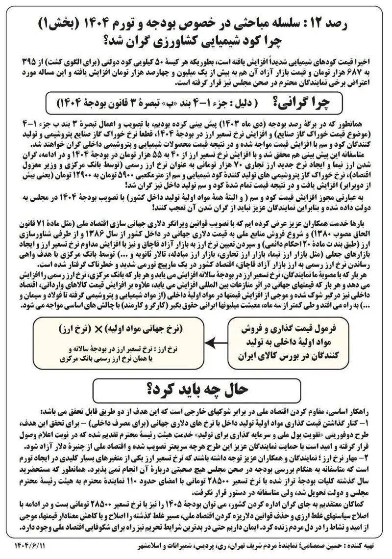 برگۀ رصد 12 از سوی حسین صمصامی نماینده مردم تهران در مجلس شورای اسلامی با موضوع اثر افزایش نرخ تسعیر بودجه و نرخ ارز رسمی بانک مرکزی بر گرانی کالاهایی مانند کود شیمیایی بین نمایندگان مجلس توزیع شد.