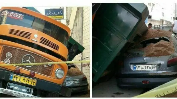 پرس شدن پژو زیر کامیون چند تنی در قصردشت + عکس 