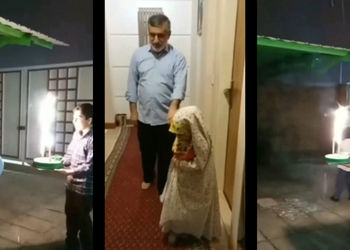 فیلم جشن تولد سوپرایزی برای سردار حاجی زاده در حیاط خانه ویلایی اش ! / نوه های شیرینش کیک و فشفشه به دست تولدت مبارک خواندند / روحش شاد
