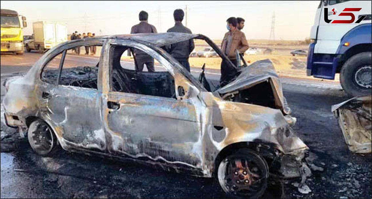  5 سرنشین پراید و ساینا زنده زنده سوختند + عکس حادثه در جاده کرمان