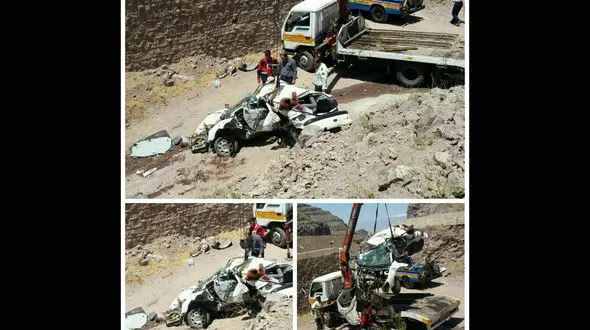 تصادف مرگبار پژو با بتن های کنار جاده در اتوبان قزوین-رشت + عکس 