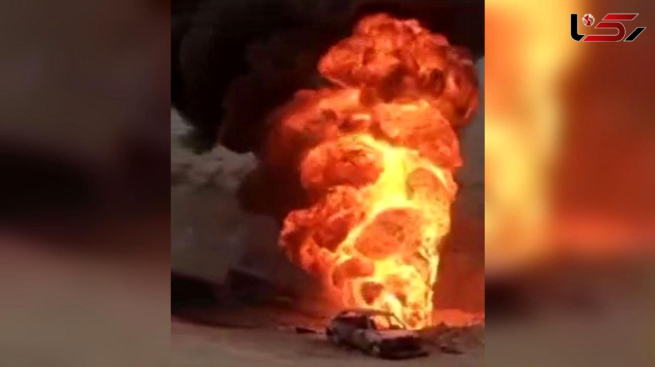 انفجار خط لوله انتقال نفت در هرمزگان / خودرو پراید هم در آتش سوخت + فیلم