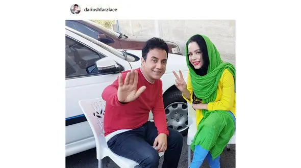 عموپورنگ و ملیکا شریفی‌نیا در پشت صحنه یک برنامه تلویزیونی + عکس