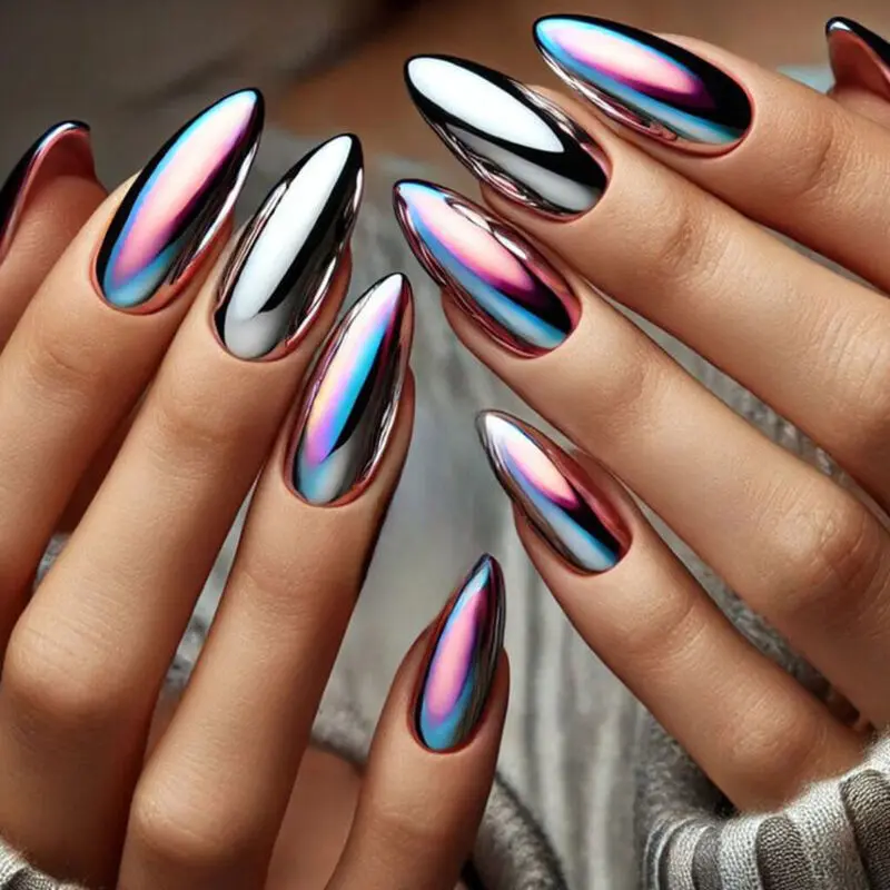 طراحی ناخن کروم آینه‌ ای هفت رنگ