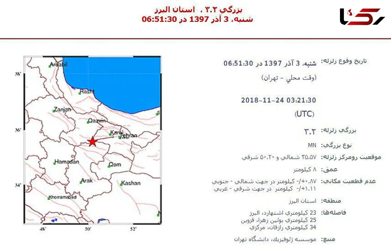 زلزله در نزدیکی تهران امروز صبح +سند