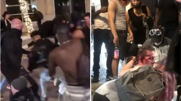 فیلم درگیری مرد شمشیرکش با معترضان آمریکایی / صحنه های دلخراش