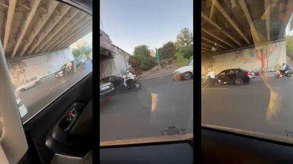 فیلم گفتگو با راننده بی‌ام‌ و  بعد حمله زورگیران موتورسوار در اتوبان نیایش / قمه داشتند و گردنبد طلایم را گرفتند اما ...