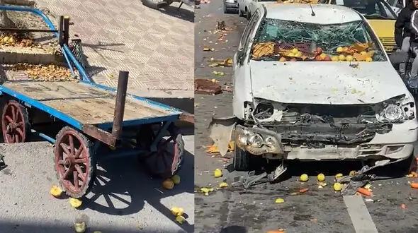 فیلم نصف شدن پراید در تصادف با گاری / گاری سالم ماند