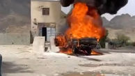 فیلم وحشتناک از لحظه آتش گرفتن یک خودرو ی سوخت‌کش / راننده سیستانی فداکاری کرد!