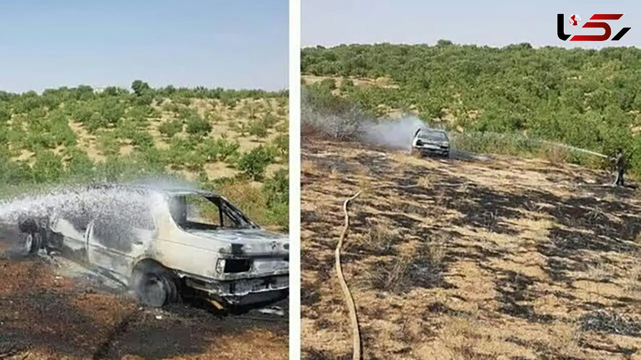 آتش سوزی در باغات شهرستان سامان/ خودرو یک باغدار  در آتش جزغاله شد + عکس