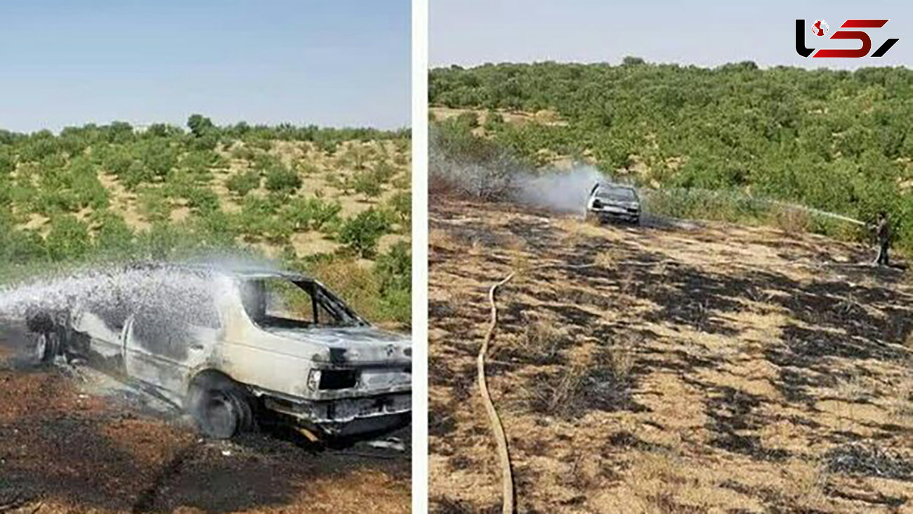 آتش سوزی در باغات شهرستان سامان/ خودرو یک باغدار  در آتش جزغاله شد + عکس