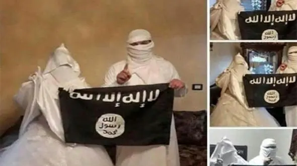 عکس عجیب ترین عروس و داماد داعشی / کمربند انتحاری، مهریه این عروس است