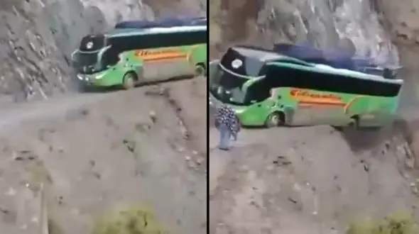 ببینید| رانندگی نفسگیر راننده اتوبوس در جاده مرگ ! + فیلم 