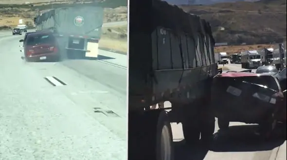 عجیب اما واقعی / راننده تریلی پس از تصادف ، خودروی تصادفی را 6 کیلومتر به دنبال خود کشید! + فیلم