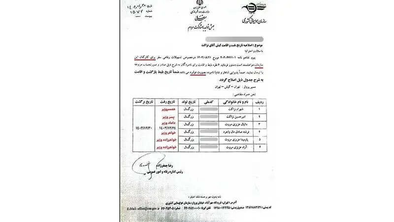 نامه سفر فرزانه صادق وزیر راه و شهرسازی با خانواده به کیش 