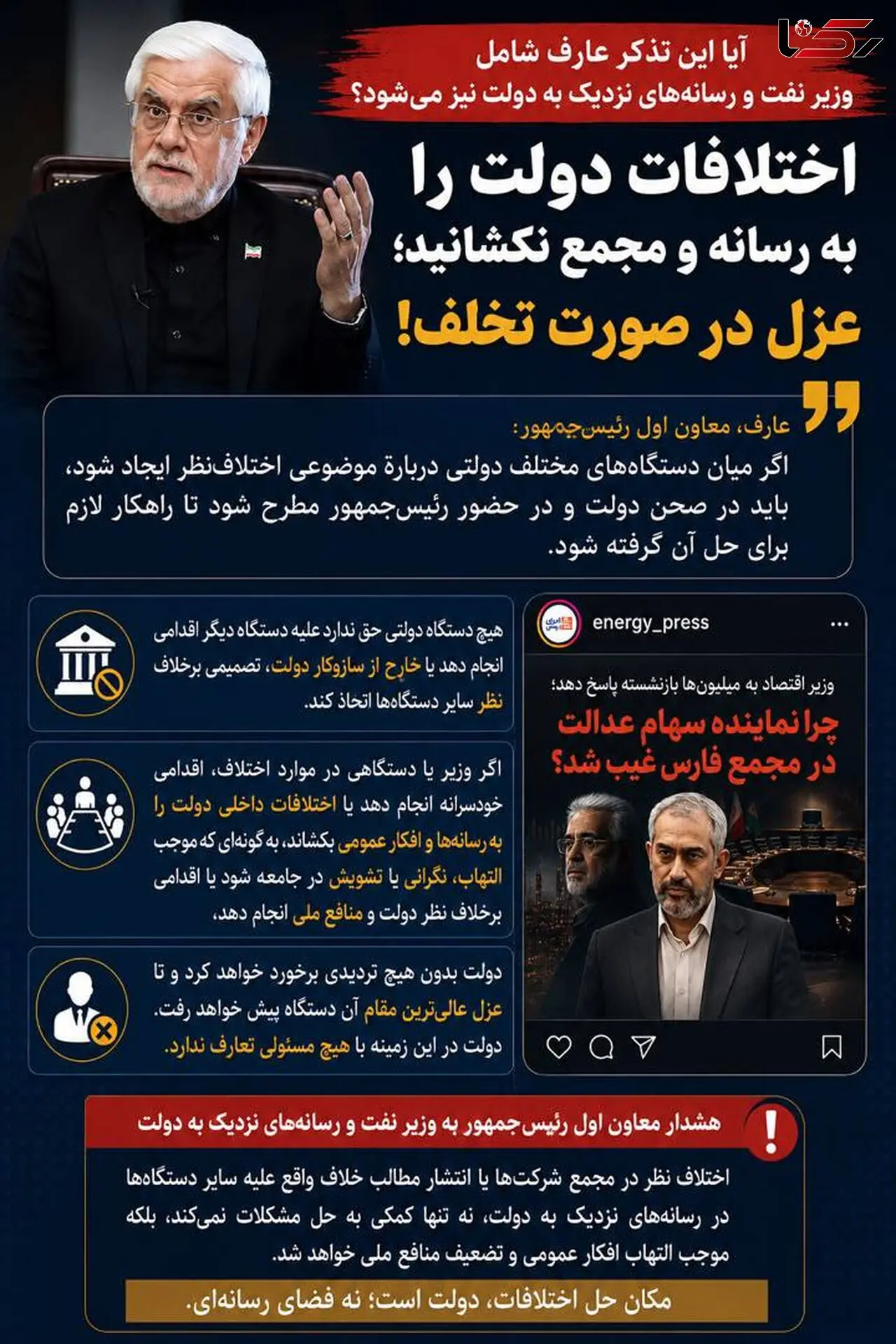 هشدار عارف به وزرای پرحاشیه؛ اختلافات را به رسانه و مجامع عمومی نکشانید در صورت تکرار عزل می شوید