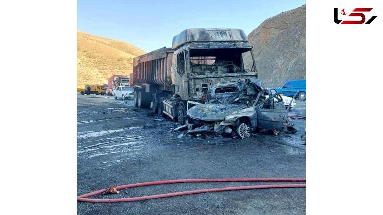 عکس های آتش سوزی تریلی و پژو در کردستان