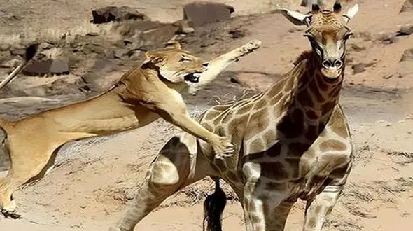 فیلم/  له شدن شیر، زیر دست و پای زرافه