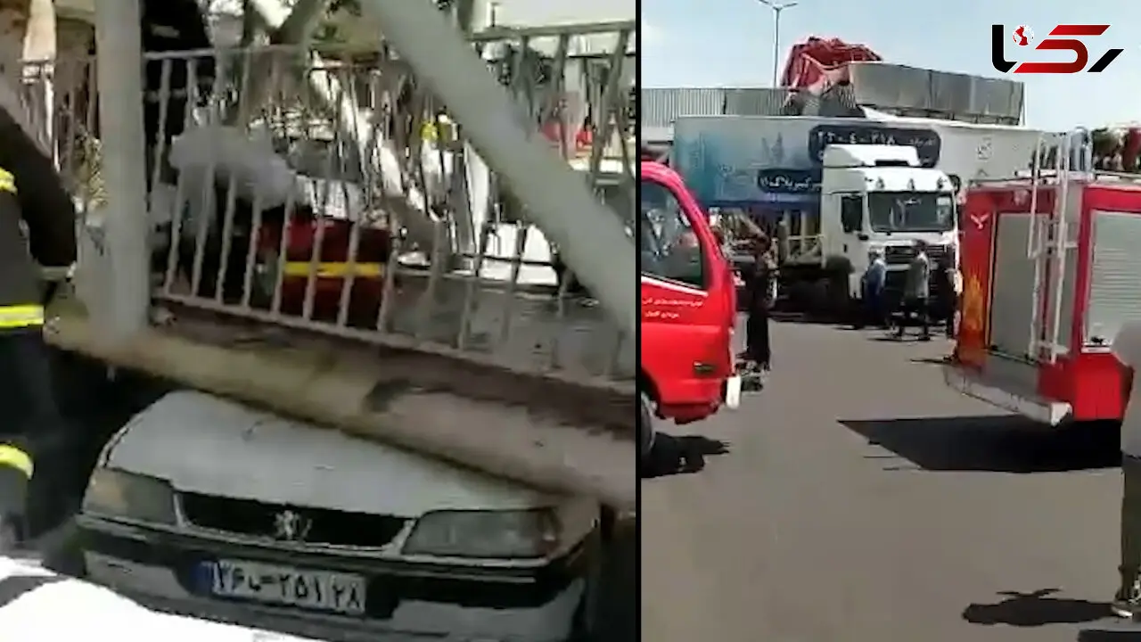 تریلی پل عابر را در قلب تهران درو کرد! + فیلم مچاله شدن خودروها