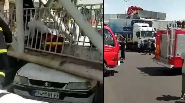 تریلی پل عابر را در قلب تهران درو کرد! + فیلم مچاله شدن خودروها