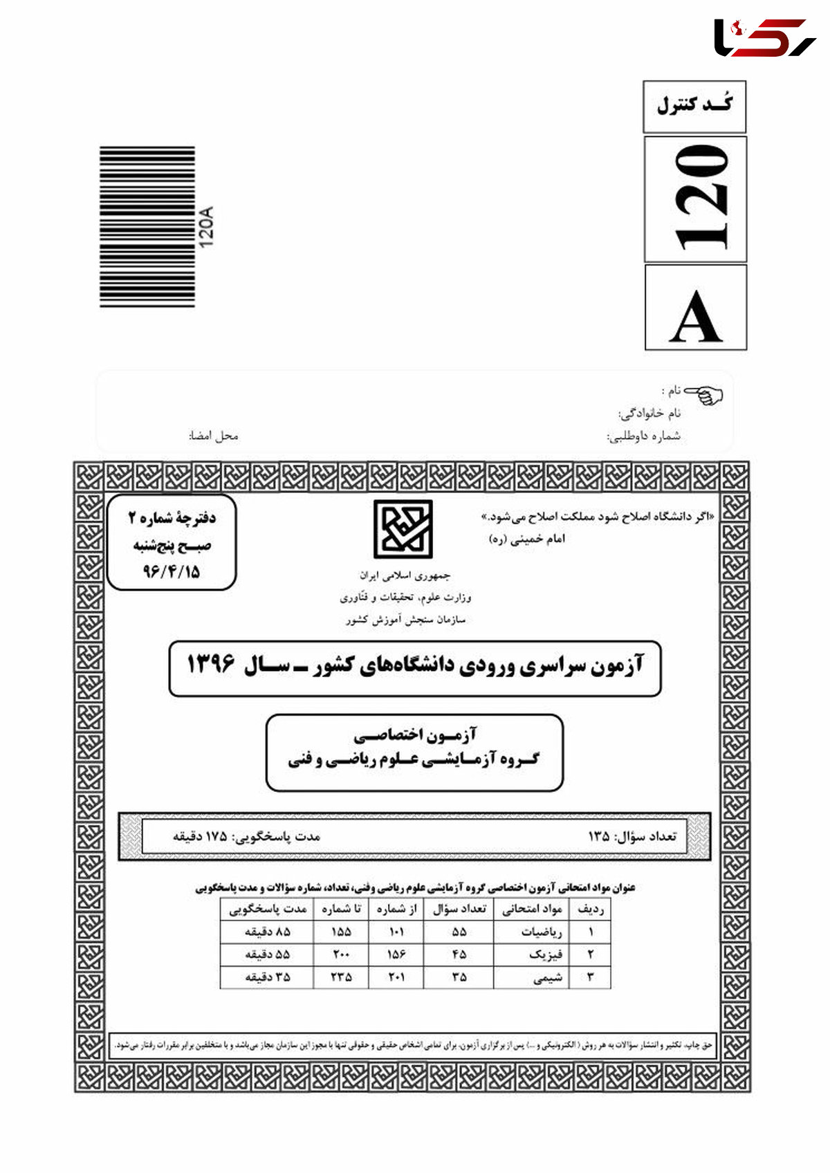 سئوالات اختصاصی کنکور رشته ریاضی سال 96