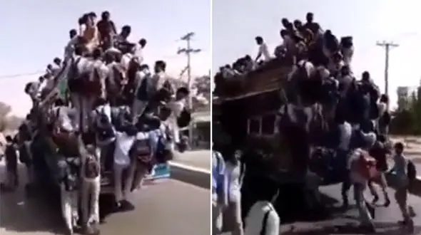 یک اتوبوس برای کل مدرسه / ده ها دانش آموزان آویزان از سرویس مدرسه را ببینید + فیلم و عکس