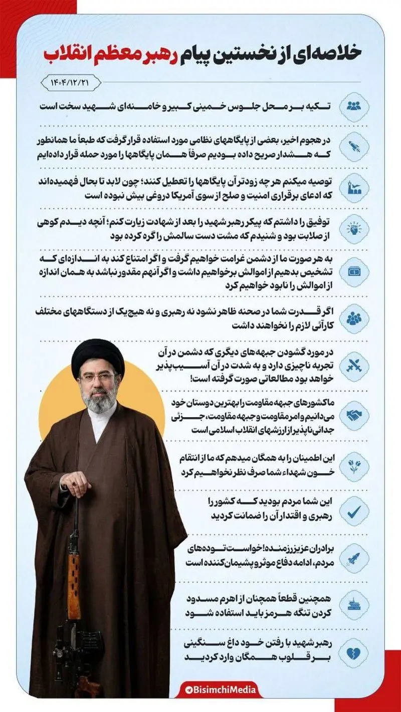 خلاصه‌ای از نخستین پیام آیت الله مجتبی خامنه‌ای، رهبر معظم انقلاب 