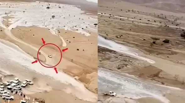 فرار معجزه آسا ماشین سواری از سیل ویرانگر / همه تماشاچی بودند+فیلم