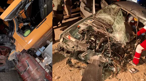 فیلم خبرنگار رکنا از حادثه تصادف شاخ به شاخ کامیون با پژو 405