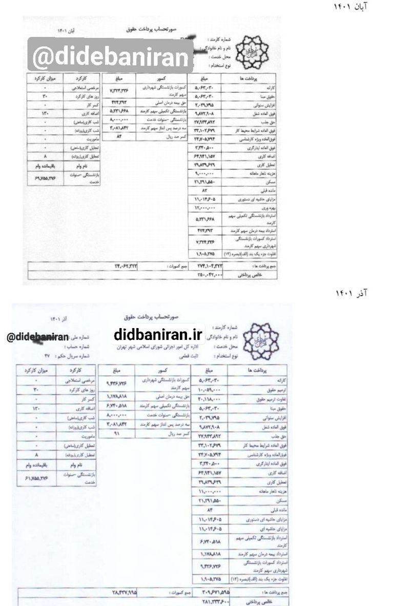 باز هم فیش حقوق ۳۰ میلیونی در شورای شهر تهران/۱۳۰ ساعت اضافه کاری برای کارمندی که ۱۴ ماه در مرخصی زایمان خارج از کشور است! + اسناد