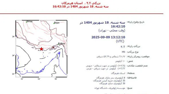 زلزله ۴.۲ ریشتری هرمزگان را لرزاند 