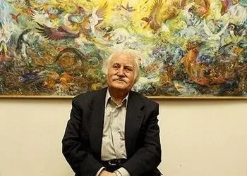 نگاهی به چیدمان منزل استاد فرشچیان در ایران و آمریکا مزین به آثار هنری ایشان/ کاغذ دیواری های نفیس، تابلو قلم زنی، کنده کاری 