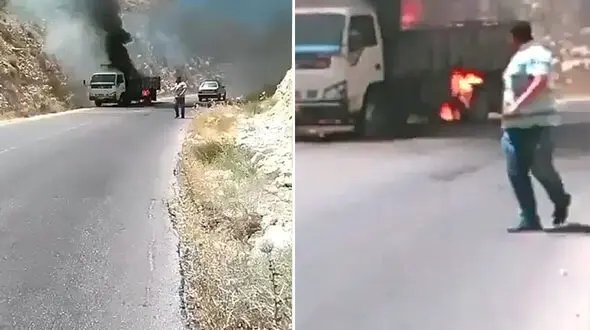  سوختن ماشین باری جلوی چشمان راننده آن! + فیلم