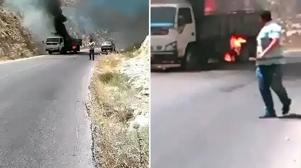  سوختن ماشین باری جلوی چشمان راننده آن! + فیلم