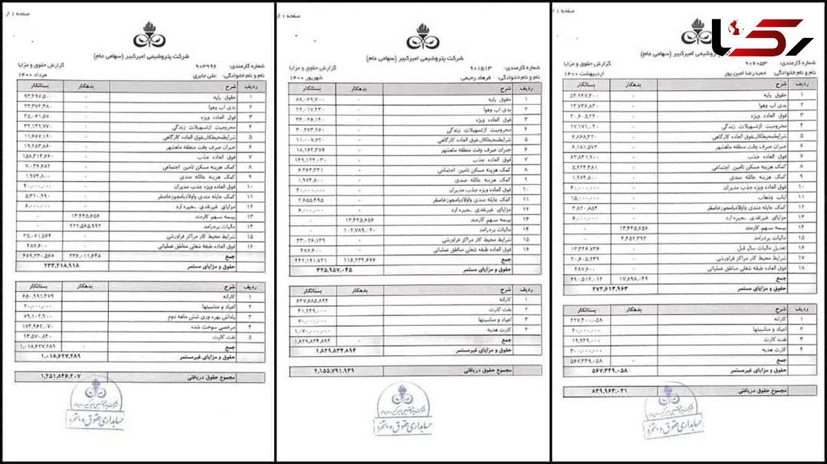 جنجال حقوق‌های 84 تا 215 میلیون تومانی پتروشیمی امیرکبیر + فیش حقوقی مدیران