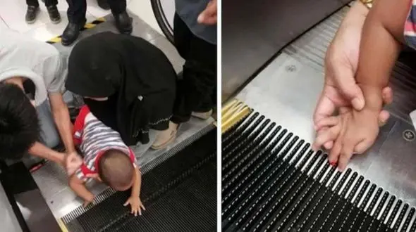 فیلم لحظه گیر کردن کودک در پله برقی