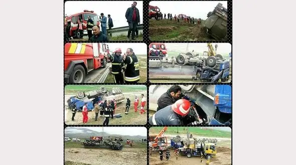 عکس های دلخراش از واژگونی تانکر گازوئیل / راننده در بجنورد کشته شد
